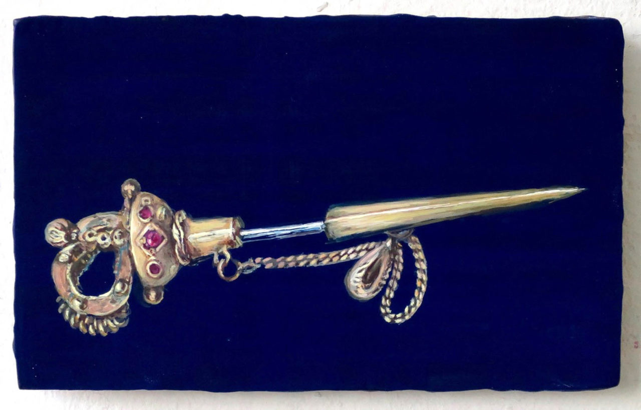 Brieke Drost zwaard 11 x 18 cm tempera/paneel/koper